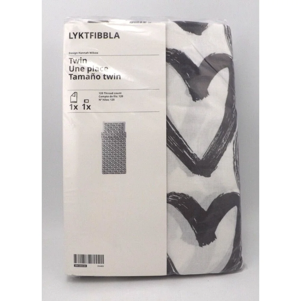 IKEA LYKTFIBBLA Twin Duvet Cover & Pillowcase Case Set Gray/White Hearts NEW - Picture 2 of 5